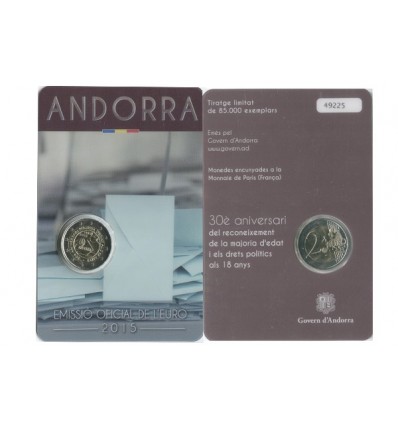 2 euros commémorative Andorre 2015 sur le thème du 30ème anniversaire de l'age légal de la majorité.