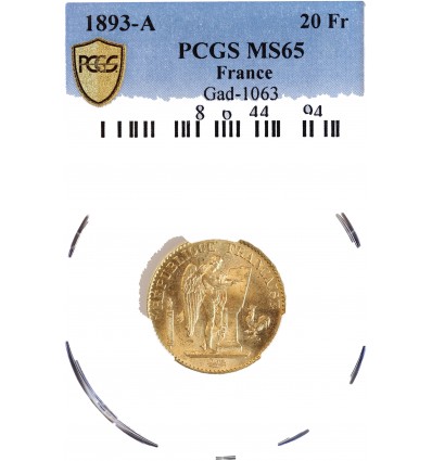 20 Francs Génie 1893 A - PCGS MS65