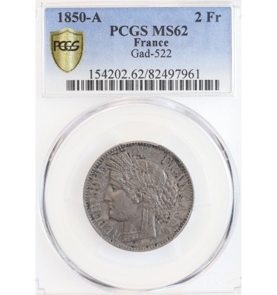 2 Francs Cérès 2ème République 1850 A - PCGS MS62
