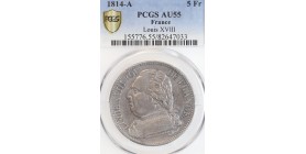 5 Francs Louis XVIII Buste Habillé 1814 A - PCGS AU55