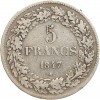 5 Francs Léopold Ier Tête Laurée - Belgique Argent