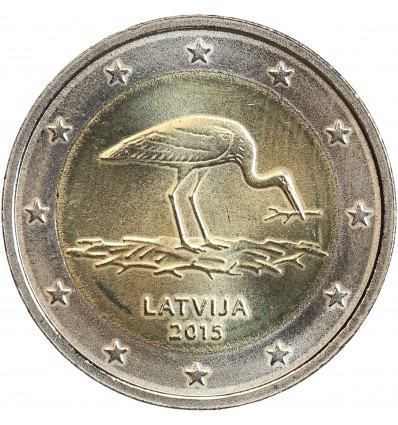 2 euros de Lettonie 2015 commémorant le 10ème anniversaire du plan de protection de la Cigogne Noire en Lettonie