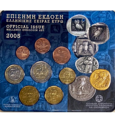 Série d'euros en qualité brillant universel de la Grèce 2005 contenant 8 pièces de la 1 cent à  la 2 euros
