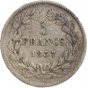 Revers : 5/FRANCS sur deux lignes, en-dessous millésime, le tout dans une couronne formée d'une branche de laurier et d'olivier
