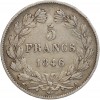Revers : 5/FRANCS sur deux lignes, en-dessous millésime, le tout dans une couronne formée d'une branche de laurier et d'olivier