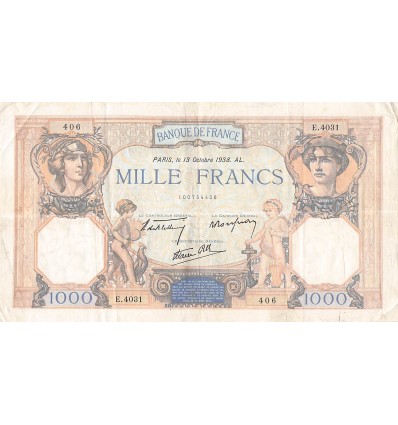 1000 Francs Cérès et Mercure type modifié France 1938