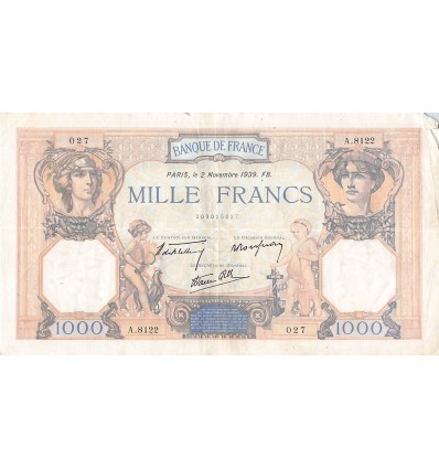 1000 Francs Cérès et Mercure type modifié France 1939