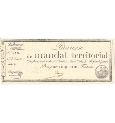 Promesse de Mandat Territorial de 25 Francs 1796 Ass.59b