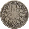 Avers : buste de Pie IX à gauche

Revers : 10 / SOLDI / 1869 dans une couronne composite