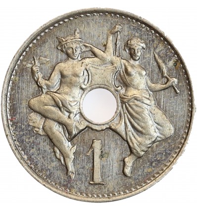 Avers : Mercure et allégorie filant, placés autour d'un cartouche avec rond perforé