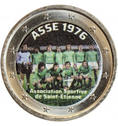 Pièce de 2 euros en couleur représentant l'équipe de football de Saint Etienne de 1976
