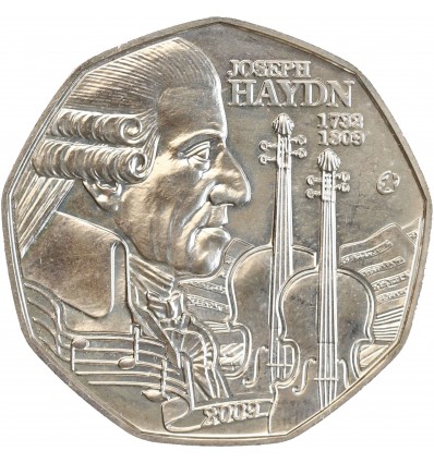 Avers : portrait de profil du compositeur Joseph Haydn, deux violons