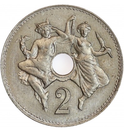Avers : Mercure et allégorie filant, placés autour d'un cartouche avec rond perforé