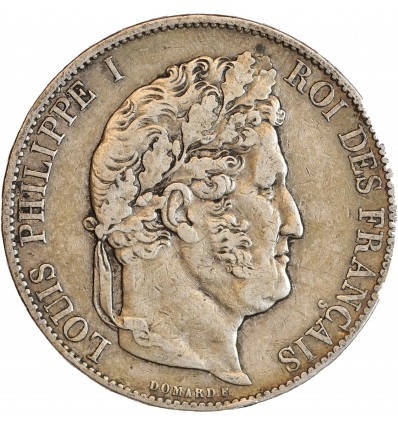 5 Francs Louis-Philippe Ier Tête Laurée Le I plus éloigné - Tranche en Relief