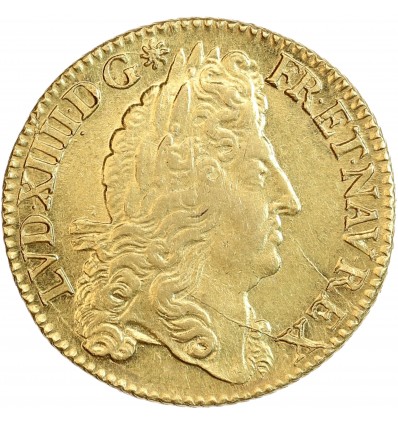 Avers : tête de Louis XIV à droite, laurée sans baies dans la couronne avec la grande perruque.