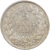 Revers : 5/FRANCS sur deux lignes, en-dessous millésime, le tout dans une couronne formée d'une branche de laurier et d'olivier