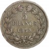 Revers : 5/FRANCS sur deux lignes, en-dessous millésime, le tout dans une couronne formée d'une branche de laurier et d'olivier