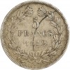 Revers : 5/FRANCS sur deux lignes, en-dessous millésime, le tout dans une couronne formée d'une branche de laurier et d'olivier