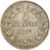 Revers : 5/FRANCS sur deux lignes, en-dessous millésime, le tout dans une couronne formée d'une branche de laurier et d'olivier
