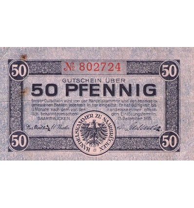 50 Pfennig Allemagne - Emission de Nécessité Sarrebruck 1916