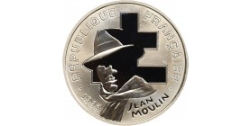 Avers : portrait de Jean Moulin avec en arrière-plan la croix de Lorraine