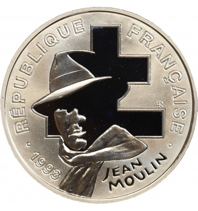 Avers : portrait de Jean Moulin avec en arrière-plan la croix de Lorraine