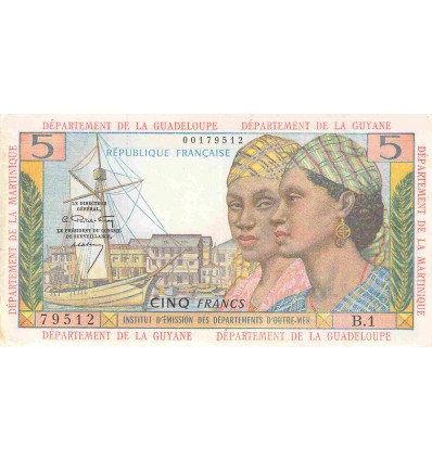 Avers : deux femmes en habits traditionnels, bateau au port de Pointe à Pitre