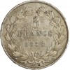 Revers : 5/FRANCS sur deux lignes, en-dessous millésime, le tout dans une couronne formée d'une branche de laurier et d'olivier