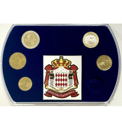 Série de Monaco contenant 5 pièces de 10 cent à  2 euros millésime 2002 en qualité UNC dans un coffret