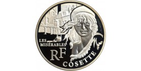 Avers : portrait de Cosette avec en arrière-plan une représentation d'une scène des Misérables
