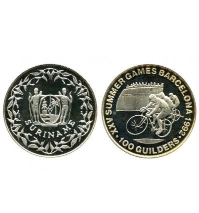 100 Florins Surinam Argent Jeux Olympiques d'été de Barcelone 1992 - Le cyclisme